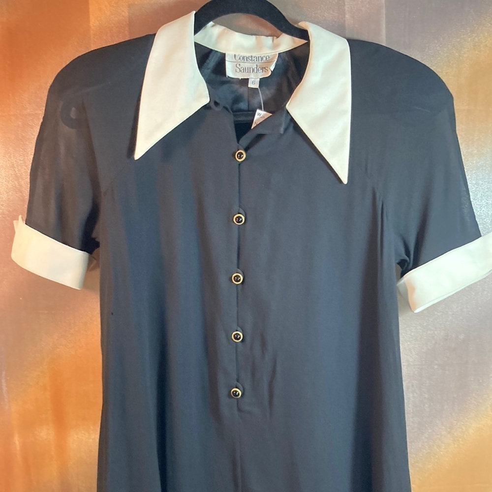Vintage 90’s black sheer lined dress white collar & cuff 126 28” chest 38” waist